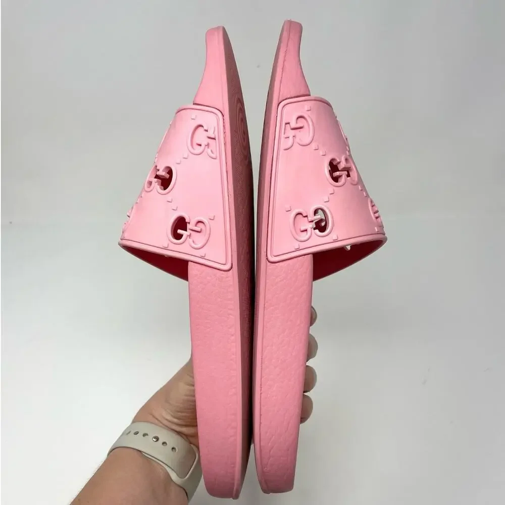 Gucci Interlocking GG Logo Rubber Pool Slides Slip On Flat Sandals Pink EU 40